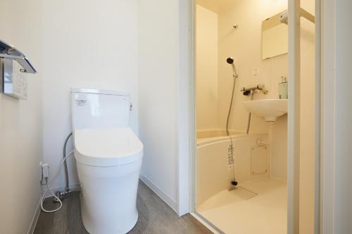 东京Designers Hotel Siesta的一间带卫生间和水槽的小浴室
