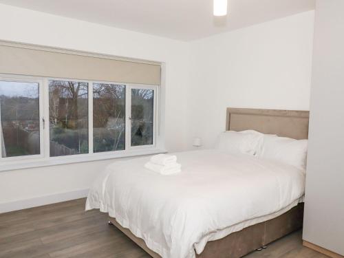 纽马基特Exning Residence的白色卧室设有一张大床和两个窗户