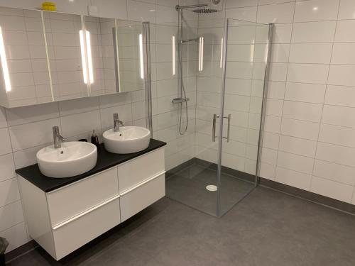 TorupTorups Vandrarhem的一间带两个水槽和玻璃淋浴间的浴室