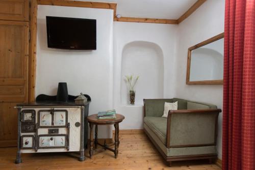 阿尔贝维尔Au Cheval Blanc - appartements et chambres d'hôtes的带沙发和电视的客厅