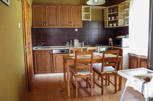 DorogházaForest Luxury Apartman的厨房配有木制橱柜和桌椅