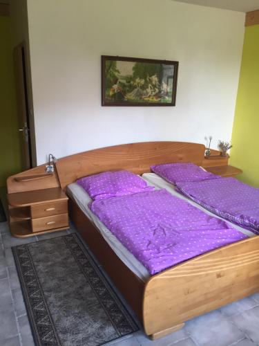EvensenBiogut Evensen的客房内的两张床,配有紫色枕头