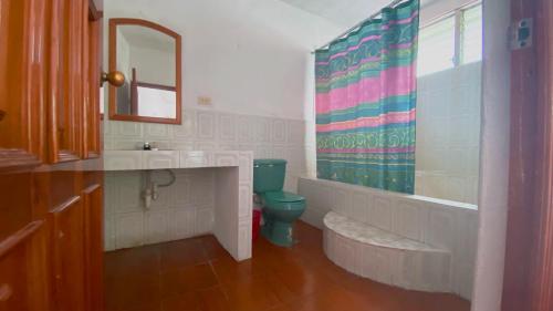 帕纳哈切尔Hotel Posada Don Carlos的一间带卫生间、水槽和镜子的浴室