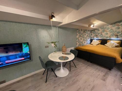 亨厄洛Tiny House de Eikhof的一间卧室配有桌子、床和电视。