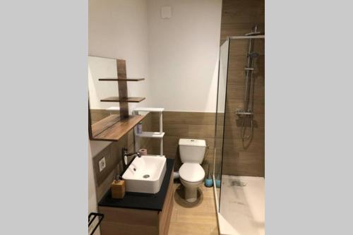 圣艾蒂安T2 neuf et Ambiance wood and black (noir et bois)的浴室配有卫生间、盥洗盆和淋浴。
