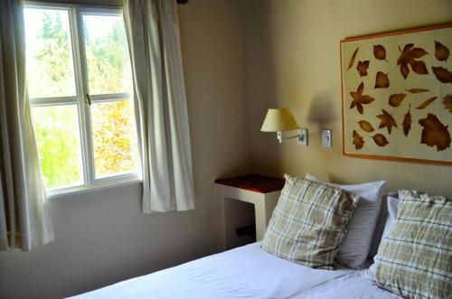 圣卡洛斯-德巴里洛切Aldea Andina Hotel San Carlos de Bariloche的一间卧室设有一张床和一个窗口