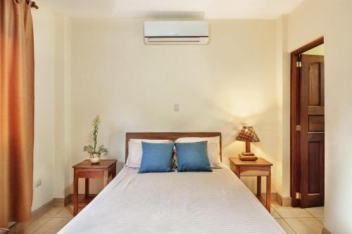 南圣胡安Hostel Tropical and CoWorking的一间卧室配有一张带蓝色枕头的床
