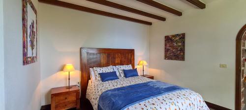丰卡连特德拉帕尔马CASA LOS POLVEROS的一间卧室配有一张带蓝色床单的床和两盏灯。
