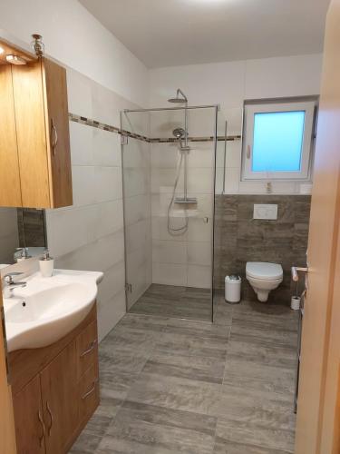 圣卡尼兹Appartement Lindenheim的带淋浴、盥洗盆和卫生间的浴室