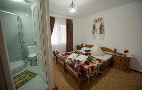 VăleniPensiunea Casa Mariuca的一间卧室配有一张床,浴室设有淋浴。