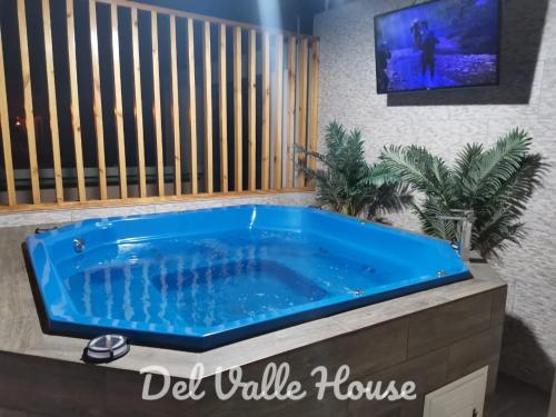 伊察Del Valle House的一个带栅栏的房间的大蓝色浴缸