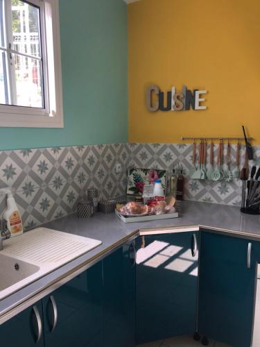 Rivière-PiloteVilla Casa Ti Choul的厨房配有蓝色橱柜和台面