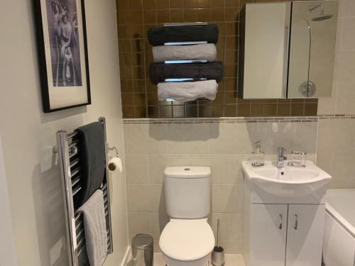 斯旺西Hideaway Bay的浴室配有卫生间、水槽和毛巾。