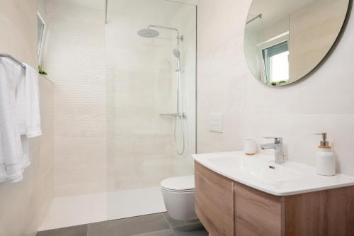 拉宾Belvedere Labin的一间带卫生间、水槽和镜子的浴室