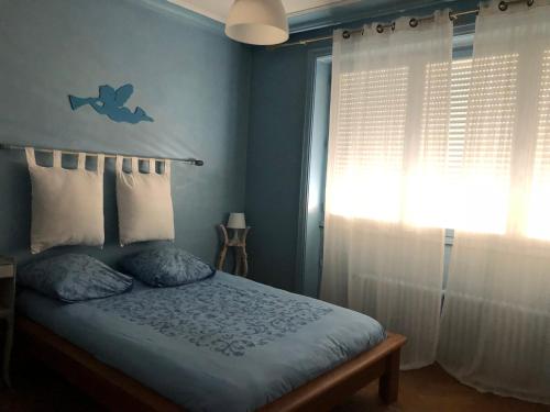 里昂Lyon 3 Triangle d'Or的蓝色的卧室设有床和窗户
