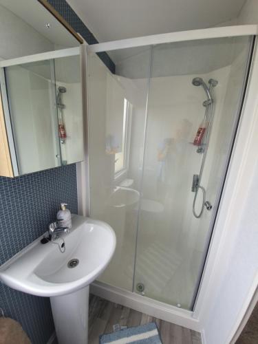 古德瑞同Devon holiday的带淋浴和盥洗盆的白色浴室