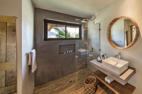 马埃堡Ferney Nature Lodge的一间带水槽和镜子的浴室
