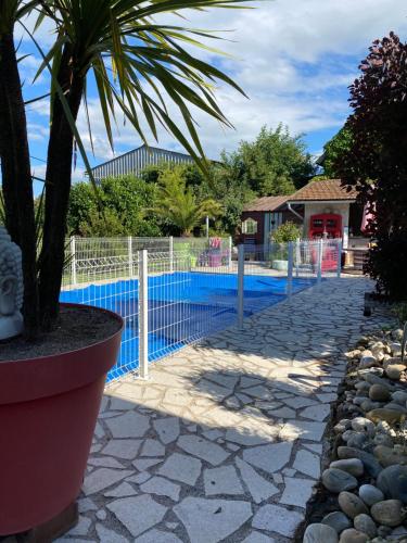Thiel-sur-AcolinLa Maison du Bonheur的棕榈树环绕着游泳池的围栏