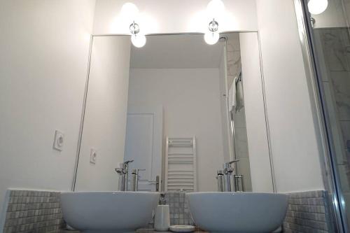 波尔多T2 calme et design quartier Chartrons à Bordeaux的一间带两个盥洗盆和大镜子的浴室