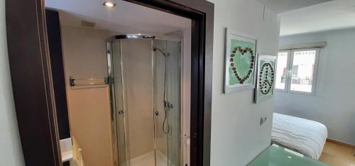 哈维亚DREAM STUDIO PORT XABIA的卧室里带玻璃门的淋浴