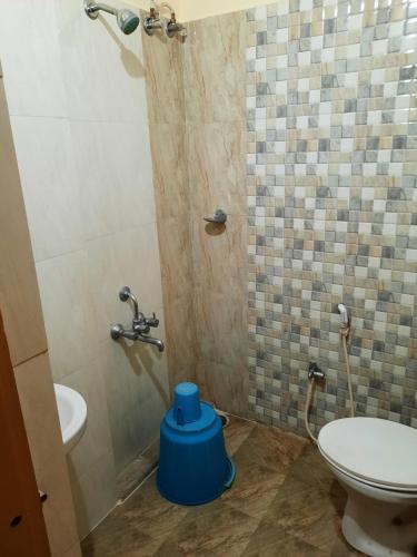 迈索尔Royal Suvarna Comforts的浴室设有卫生间和带蓝色凳子的淋浴。