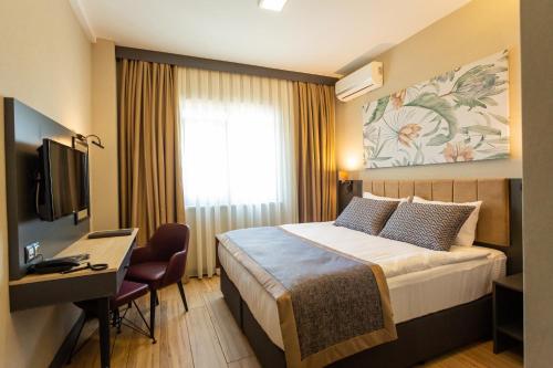 伯萨Levor Hotel的酒店客房配有一张床、一张书桌和一台电视。