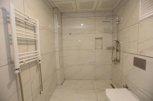 阿德亚曼Kommageneiz hotel的带淋浴和卫生间的白色浴室