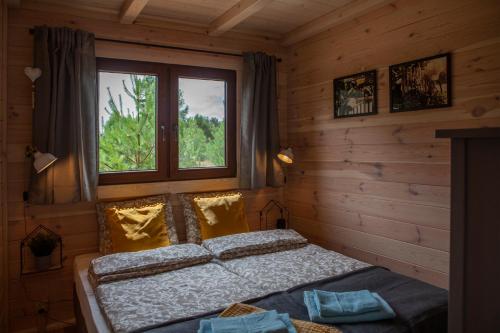 斯沃尔纳加西耶Domki Letniskowe Swornegacie - grill klimatyzacja WiFi monitoring的一间卧室设有一张床和一个窗口