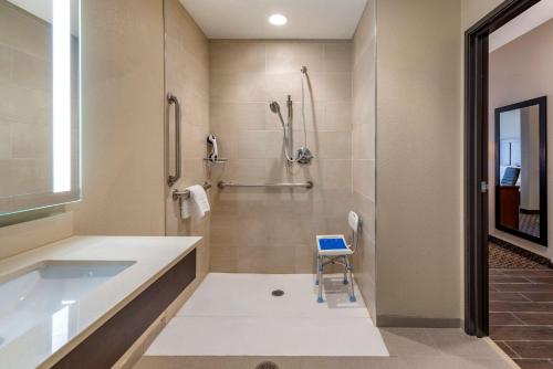 布鲁姆菲尔德Comfort Suites Broomfield-Boulder-Interlocken的浴室配有浴缸、淋浴和椅子