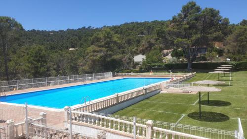 Albalate de ZoritaEl Rincón de la ESPE的一座位于山丘庭院的大型游泳池