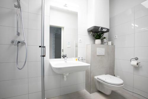皮耶什佳尼Hotel HENDI CENTRUM的带淋浴、盥洗盆和卫生间的浴室