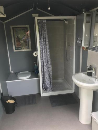 肯尼迪山新镇Garden County Glamping的带淋浴、卫生间和盥洗盆的浴室
