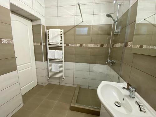 图尔恰Prestige House的一间带水槽、淋浴和镜子的浴室