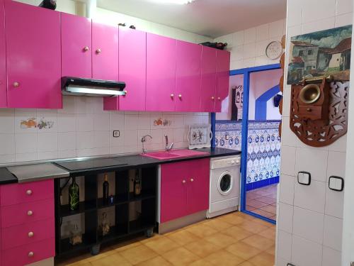 阿尔玛格鲁CASALINDA的厨房配有粉色橱柜和洗衣机。
