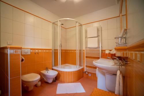 诺夫梅斯托纳马瑞夫Apartmán Kadlecova vila的浴室配有卫生间、盥洗盆和淋浴。