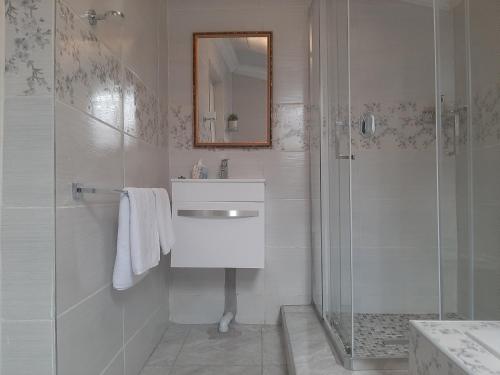 比勒陀利亚Lesedi Self Catering的白色的浴室设有水槽和淋浴。