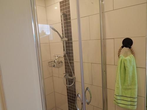 卡尔斯哈根Theunis Ferienwohnung的带淋浴和绿毛巾的浴室