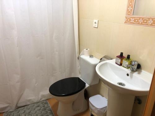 阿特佛Hostal Casa Alonso的浴室配有卫生间、盥洗盆和淋浴。