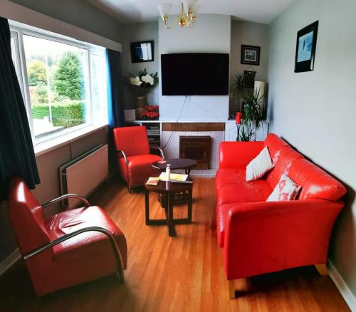 卡文Farnham House的客厅配有红色的沙发和两把椅子