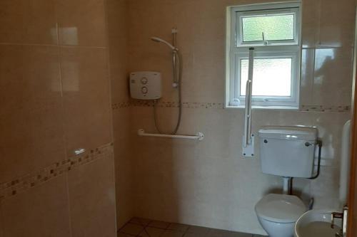 卡文Lovely Innishmore Island Farmhouse的带淋浴、卫生间和盥洗盆的浴室