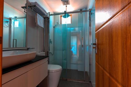 胡鲁马累Araamview的带淋浴、卫生间和盥洗盆的浴室