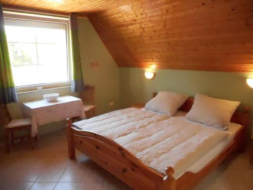 根尼斯迪亚斯Gästehaus Kathi的一间卧室设有一张带木制天花板的大床