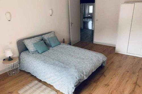 马扎梅Charmant appartement T2 hypercentre de Mazamet的一间卧室配有一张带蓝色枕头的床。