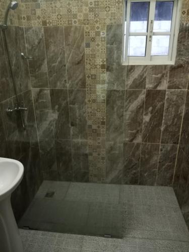 蓬塔卡纳Rolando share apart的带淋浴、卫生间和盥洗盆的浴室