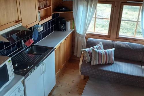 穆奥尼奥Mökki Jerisjärven rannalla的带沙发、水槽和炉灶的厨房