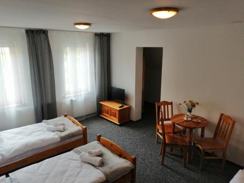 斯克拉斯卡波伦巴Villa Bożena的酒店客房带两张床和一张桌子以及椅子。