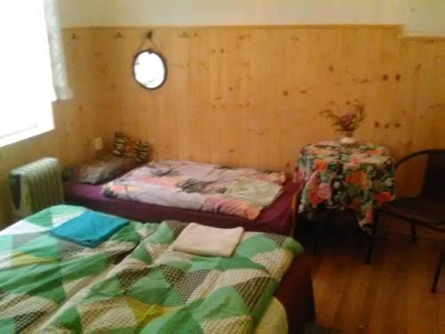 NěmeckéU Tupáčků的客房设有两张床、一张桌子和一扇窗户。