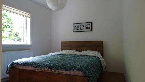 SpijkApartment ARDA的一间卧室配有一张带绿色棉被的床和窗户。