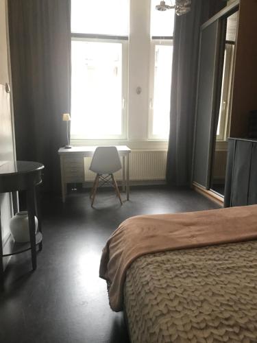 鹿特丹Appartement Rotterdam Noord的一间卧室配有一张床、一张书桌和一个窗户。