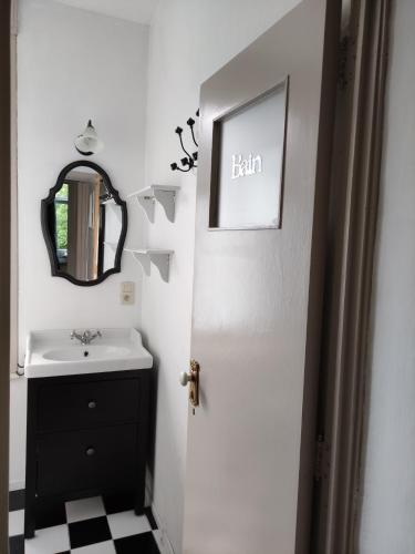 杜柏Logies l'Epicerie de Durbuy appartement的一间带水槽、镜子和门的浴室